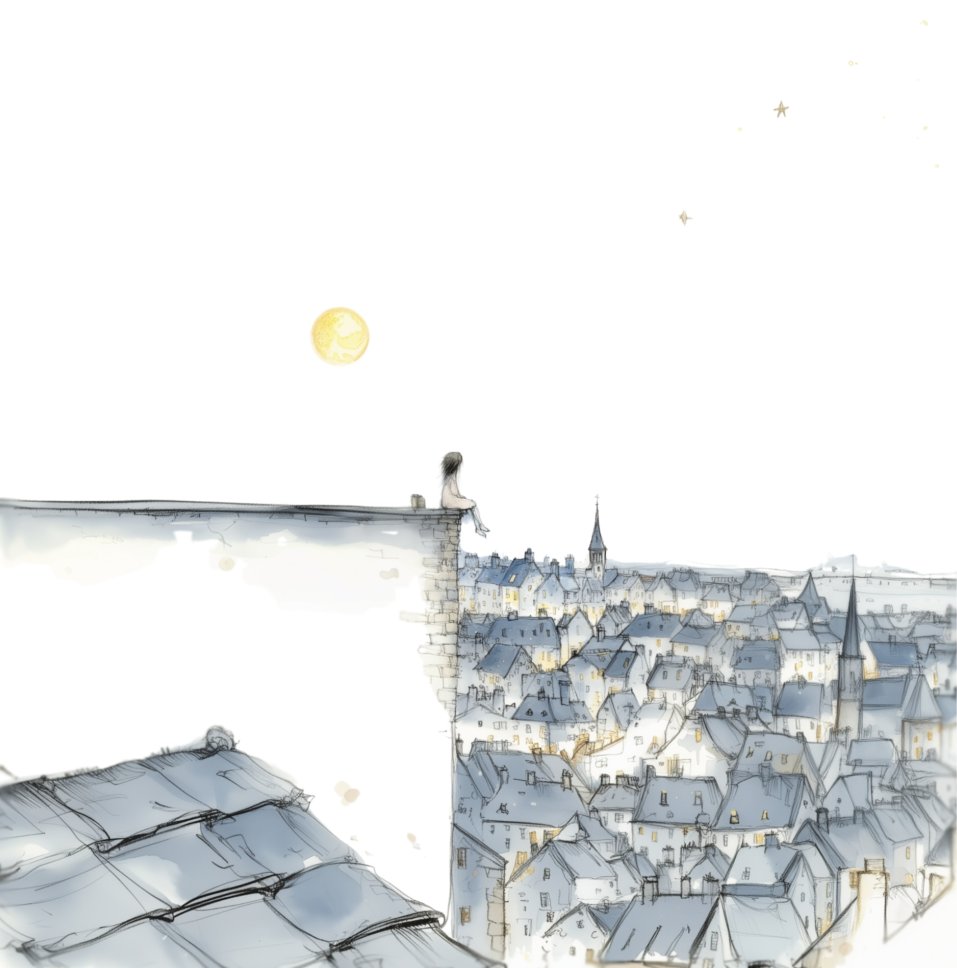 Nyra sitting at the edge of a roof above slate-blue rooftops and a golden moon