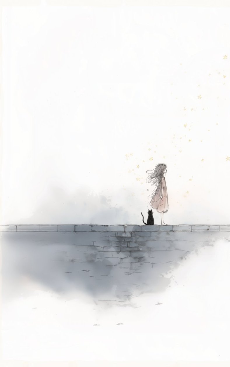 Nyra and her black cat standing on a stone wall in the mist